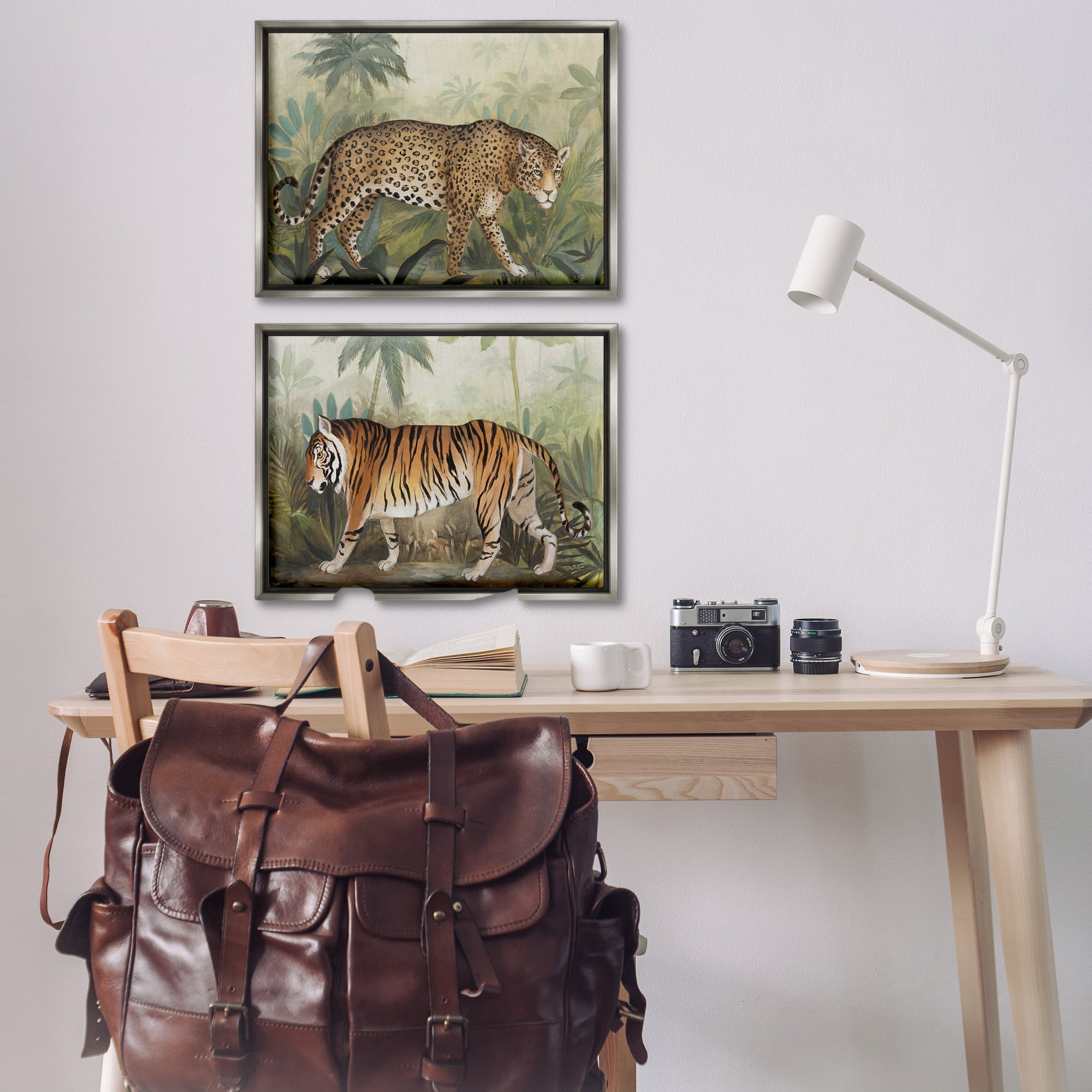 Stupell Industries Jaguar & Tiger Jungle Scene Animals Painting Gray Floater Framed Canvas Art Print Wall Art, 31 x 21, Set of 2