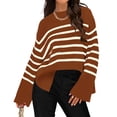 thumbnail image 2 of Amazhiyu Women's Striped Pullover Sweaters Batwing Long Sleeve Crew Neck Ribbed Knit Side Slit Fall Oversized Sweater Tops, 2 of 8