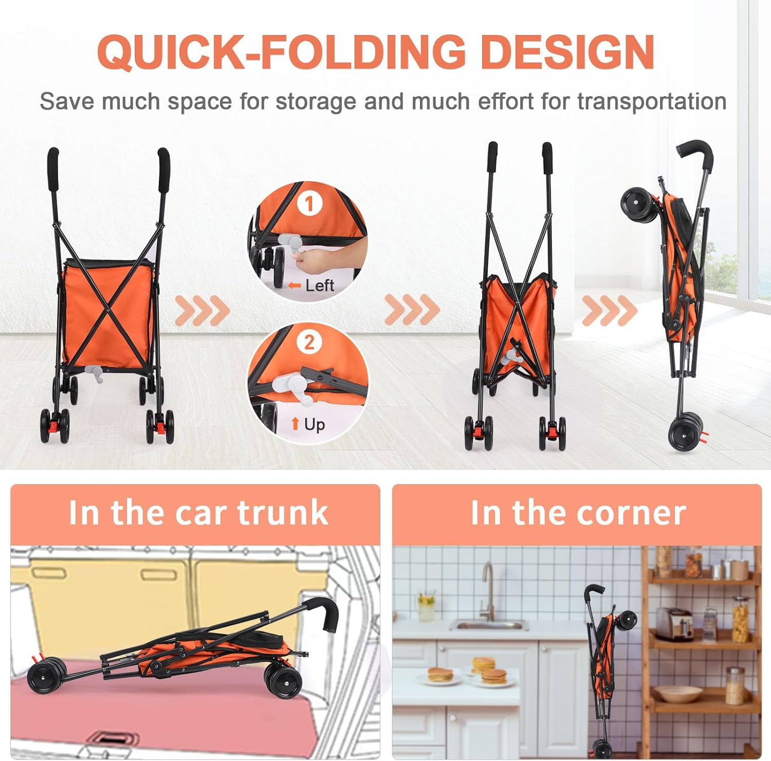 Dog Strollers, Shopping Cart, Collapsible Folding Utility Wagons Carts Heavy Duty, The Original Patented, 60lbs Capacity, Minimalist for Cats Pets Outdoor Camping Shopping Sports Garden (Orange)