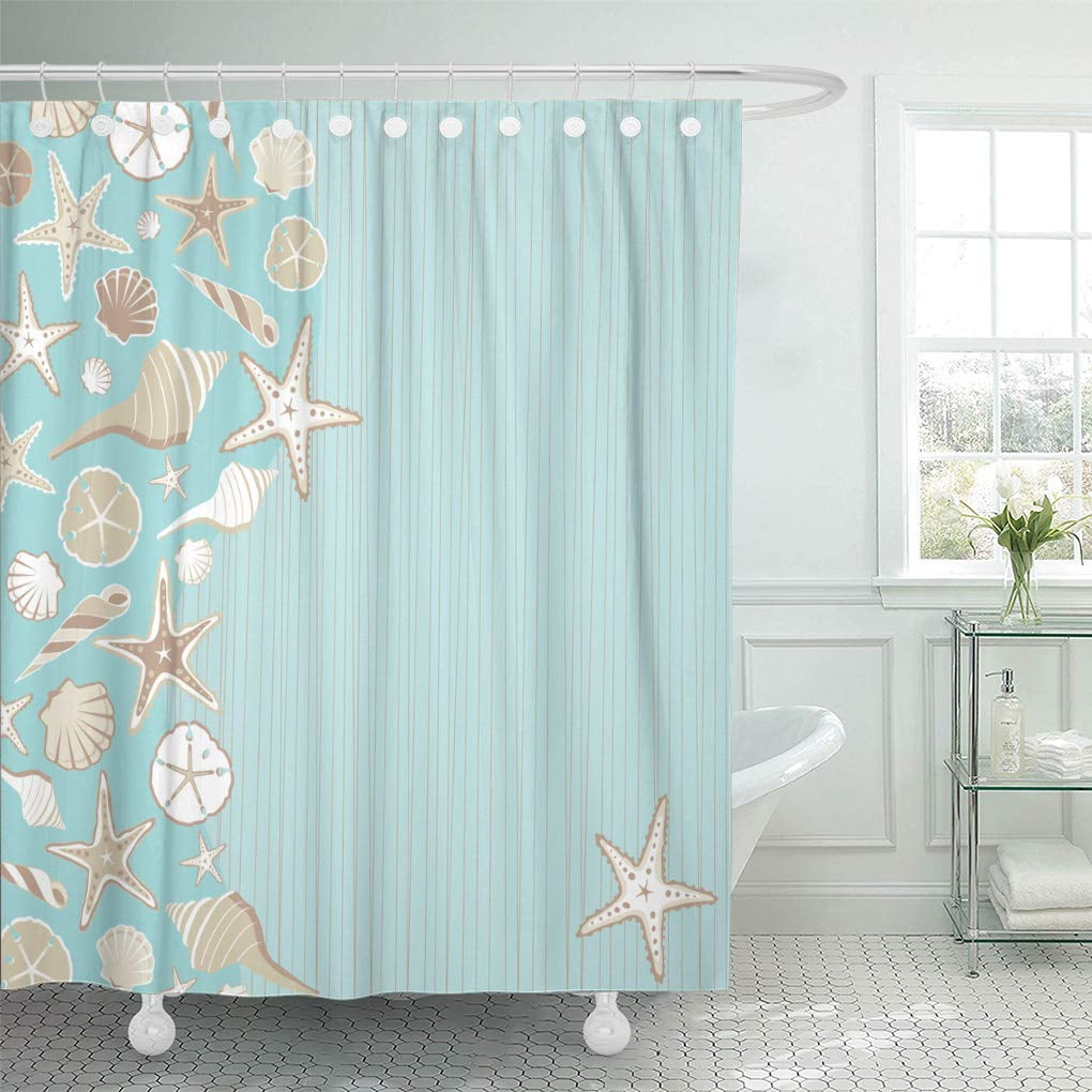 Brown White Fabric Shower Curtain Seashell Coastal Fish Beach Bathroom 70 x 70 