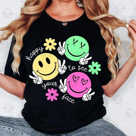 Retro Happy To See Your Face Shirt, Neon Floral Teacher Shirt, Smile Face Shirt, Back To School Shirt, Trendy Teacher Smiley Shirt, Happy Face Shirt