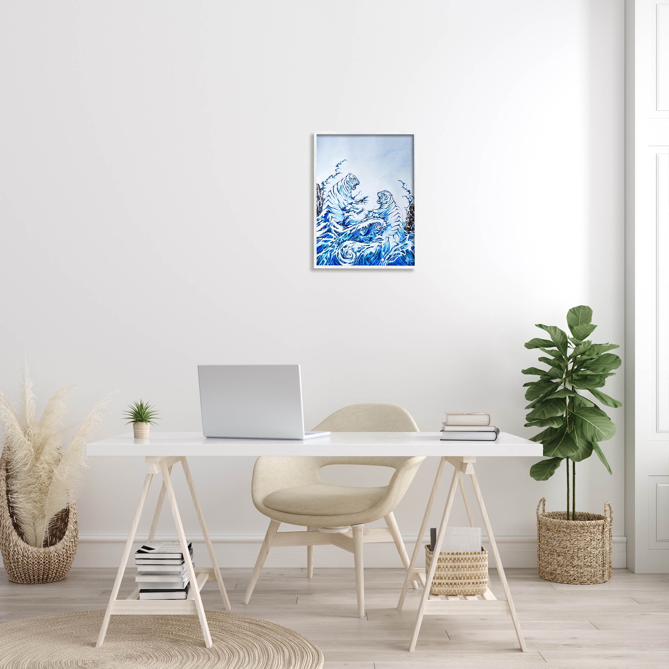 Dueling Tigers Ocean Waves Animals & Insects Painting White Framed Art Print Wall Art