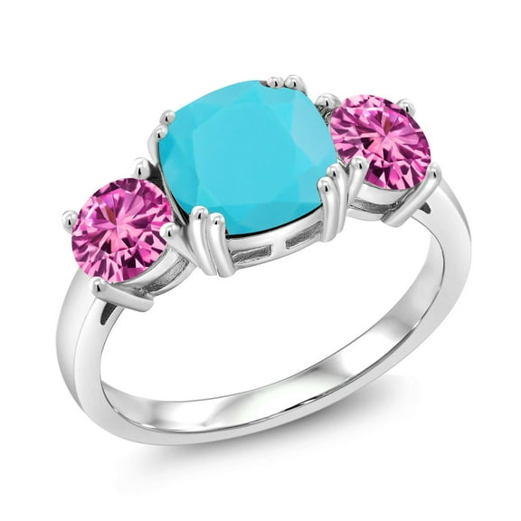 Gem Stone King 925 Sterling Silver Green Turquoise and Pink Created Sapphire 3 Stone Engagement Ring for Women (3.10 Cttw, Gemstone, Cushion 8MM, Size 8)
