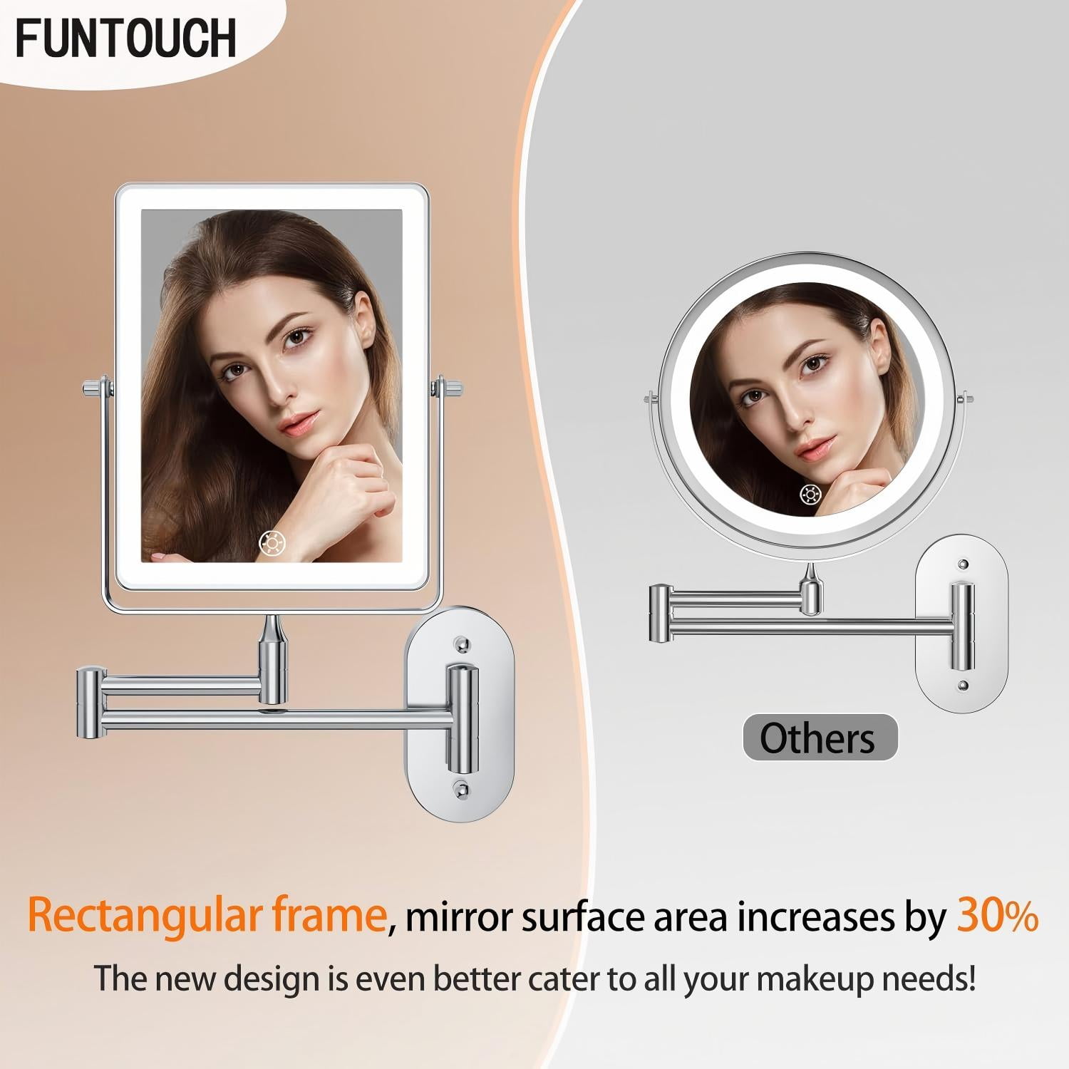Funtouch Double Sided 1X 10X Magnifying Wall Lighted Mounted Makeup Mirror with Extended Arm, 360° Swivel Foldable, 3 Color Settings, Chrome