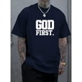 thumbnail image 2 of [Navy Blue GOD FIRST Tee] Navy Blue "GOD FIRST" Graphic T-Shirt - PLUS SIZE, Polyester Blend, Machine Washable, Casual Short Sleeve, Summer Wear, 2 of 6