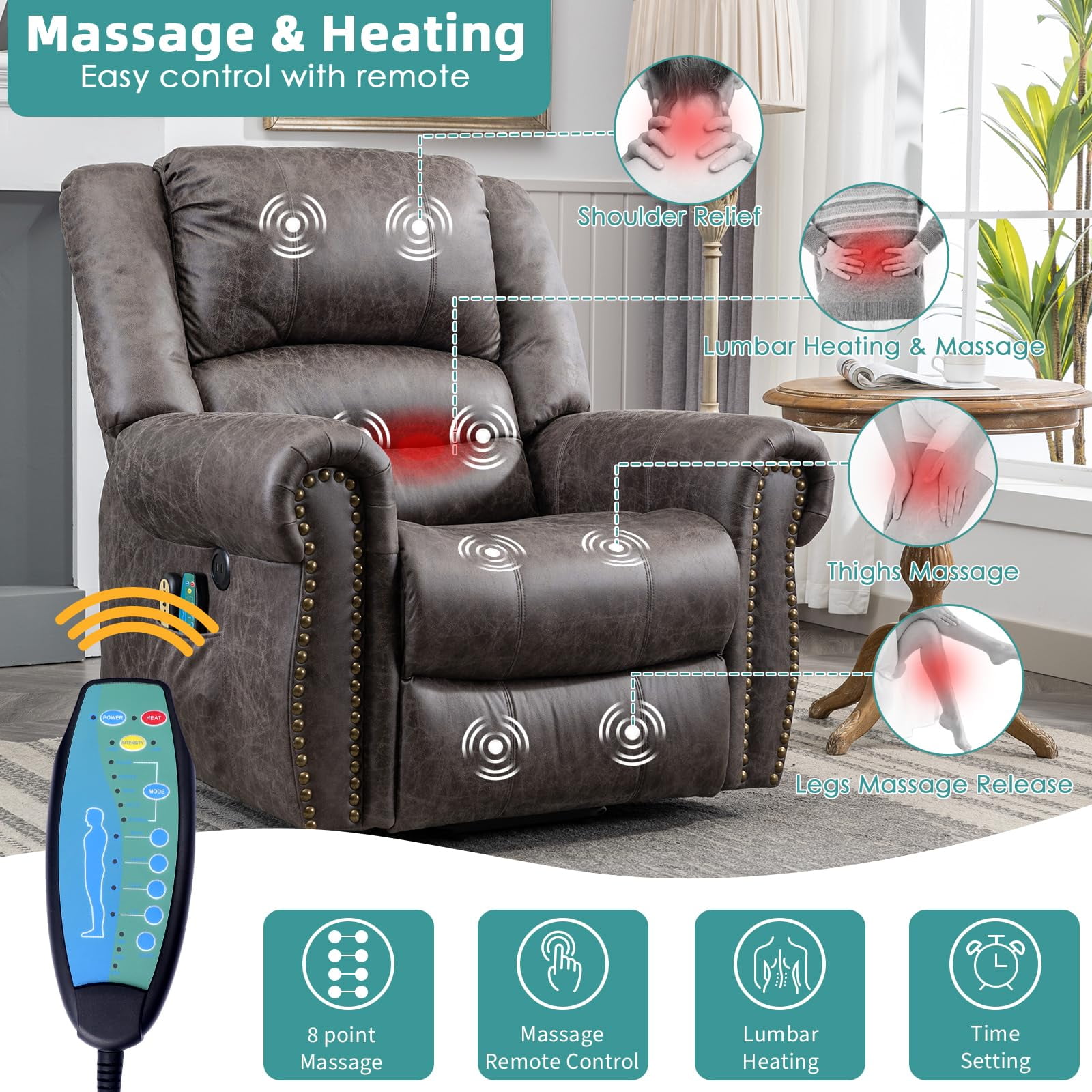 MEETWARM Large Power Lift Electric Recliner Chair with Massage and Heat, Overstuffed Wide Recliner for Elderly, Heavy Duty Recliner for Living Room with 2 Remote Controls/USB Ports/Side Pockets(Gray)