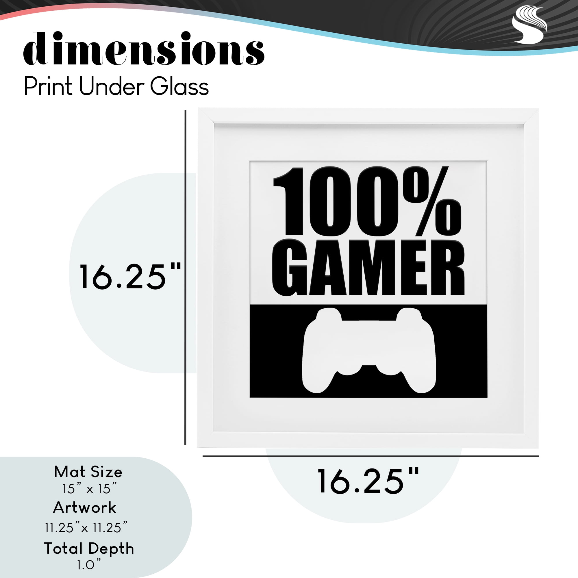 100% Gamer Black & White White Framed Print Under Glass, design by Kim Allen