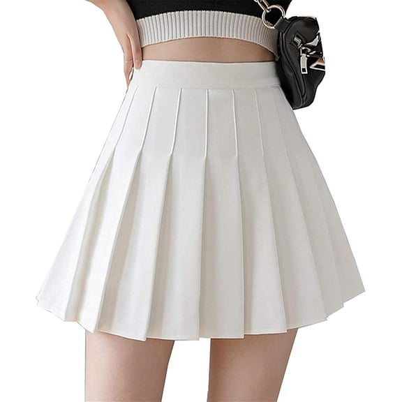 Women High Waisted Plain Pleated Skirt Skater Tennis School Uniforms A-line Mini Skirt Lining Shorts,White,Small