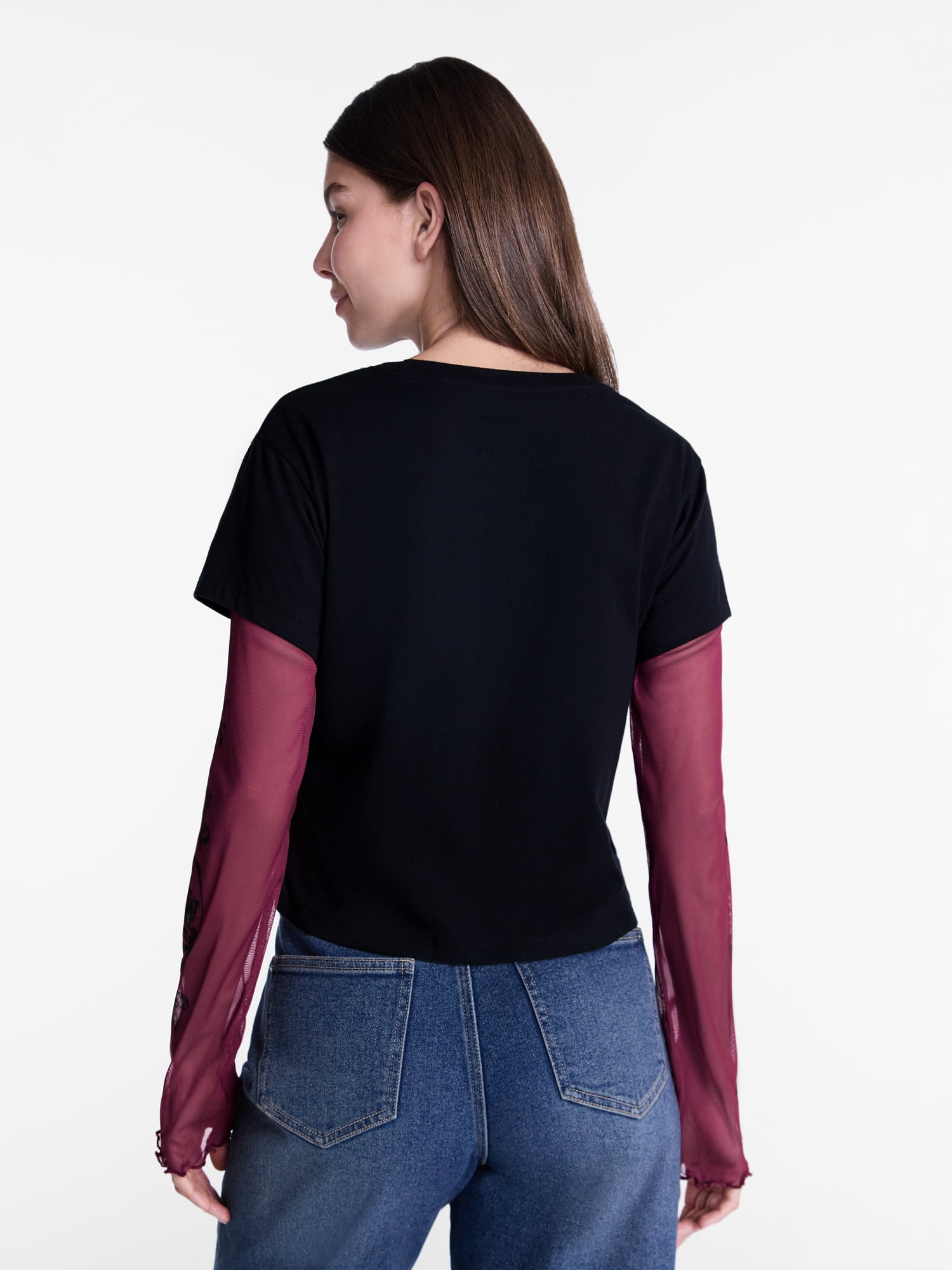 Twilight Women's Layered Mesh Tee with Long Sleeves, Sizes XXS-XXSL