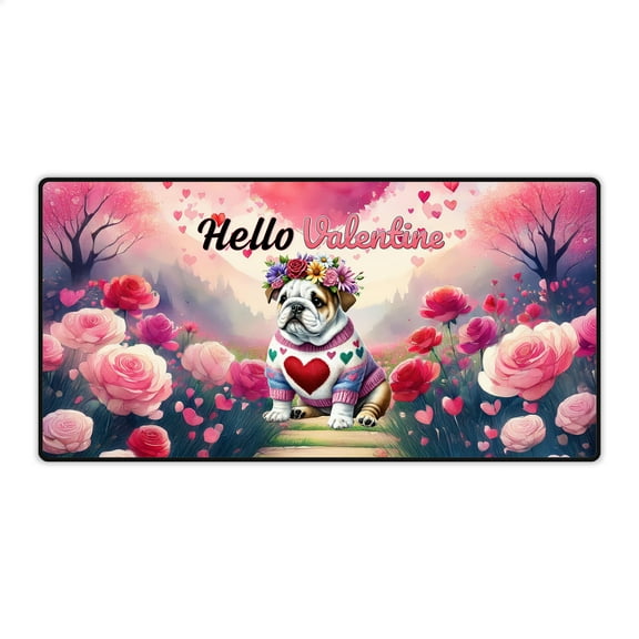 Hello Valentine’s Day Bulldog Flower Crown Romantic Pink Floral Desk Mat Full Keyboard Mouse Pad Dog Lover Gifts Idea Large Mousepad - 00031
