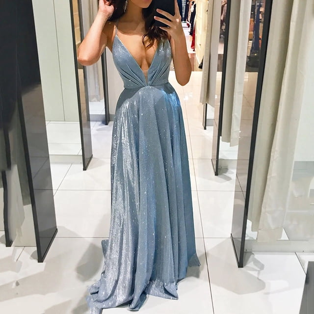 Robes d'Invitée de Mariage pour Femmes Été Scintillantes Semi-Formelles à Col en V Profond Robes Maxi Bandage à Lacets dans le Dos Robe de Soirée