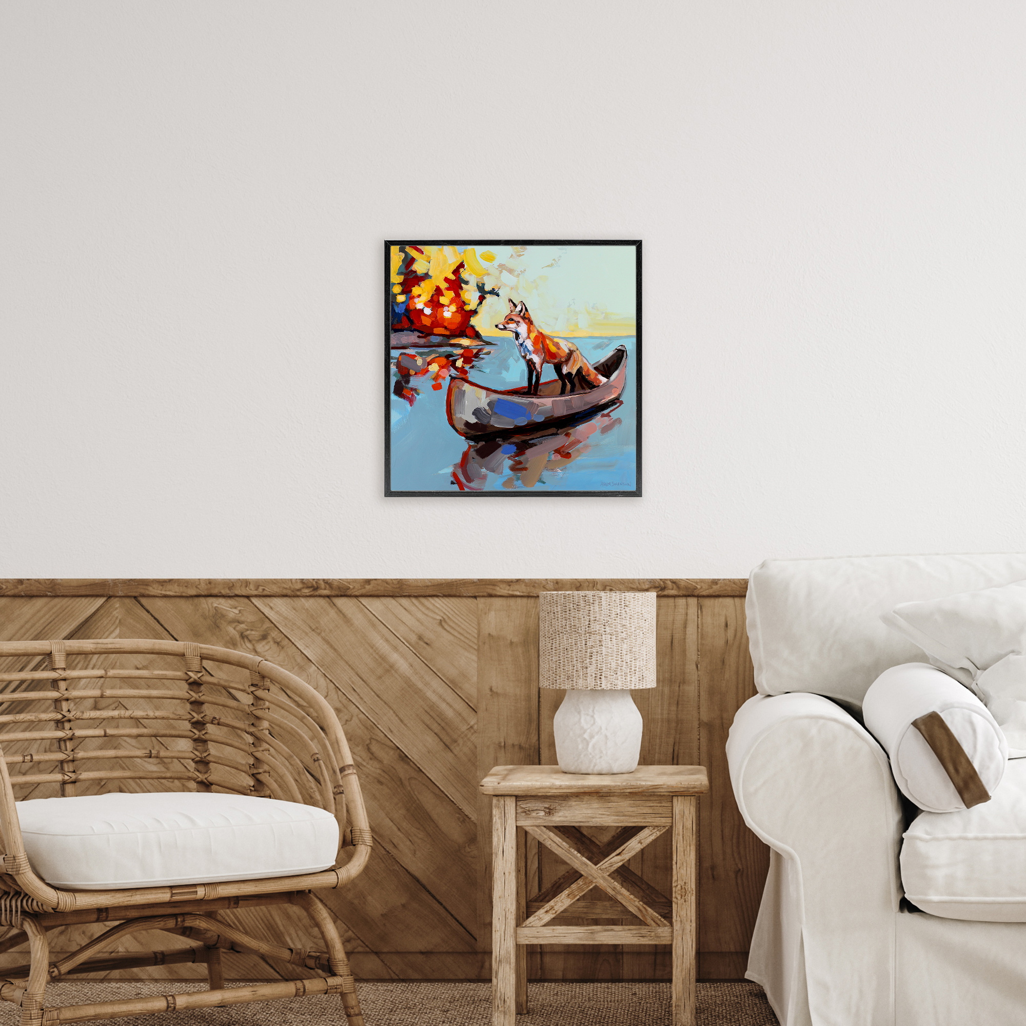 Fox's Voyage on Canoe Black Framed Giclee Art, design by Adam Swanson
