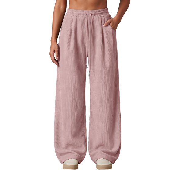Klisyaur Womens Corduroy Wide Leg Pants Drawstring High Waist Pants Casual Baggy Comfy Work Office Trousers with Pockets