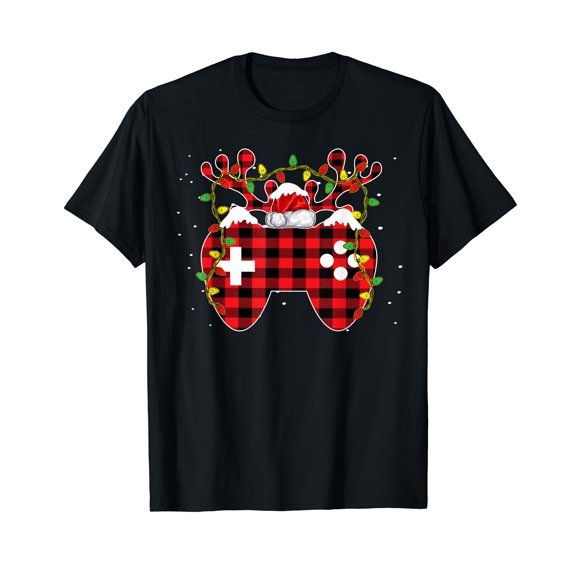 Christmas Video Game Gamer Controller Red Plaid Buffalo Xmas T-Shirt Black Tee