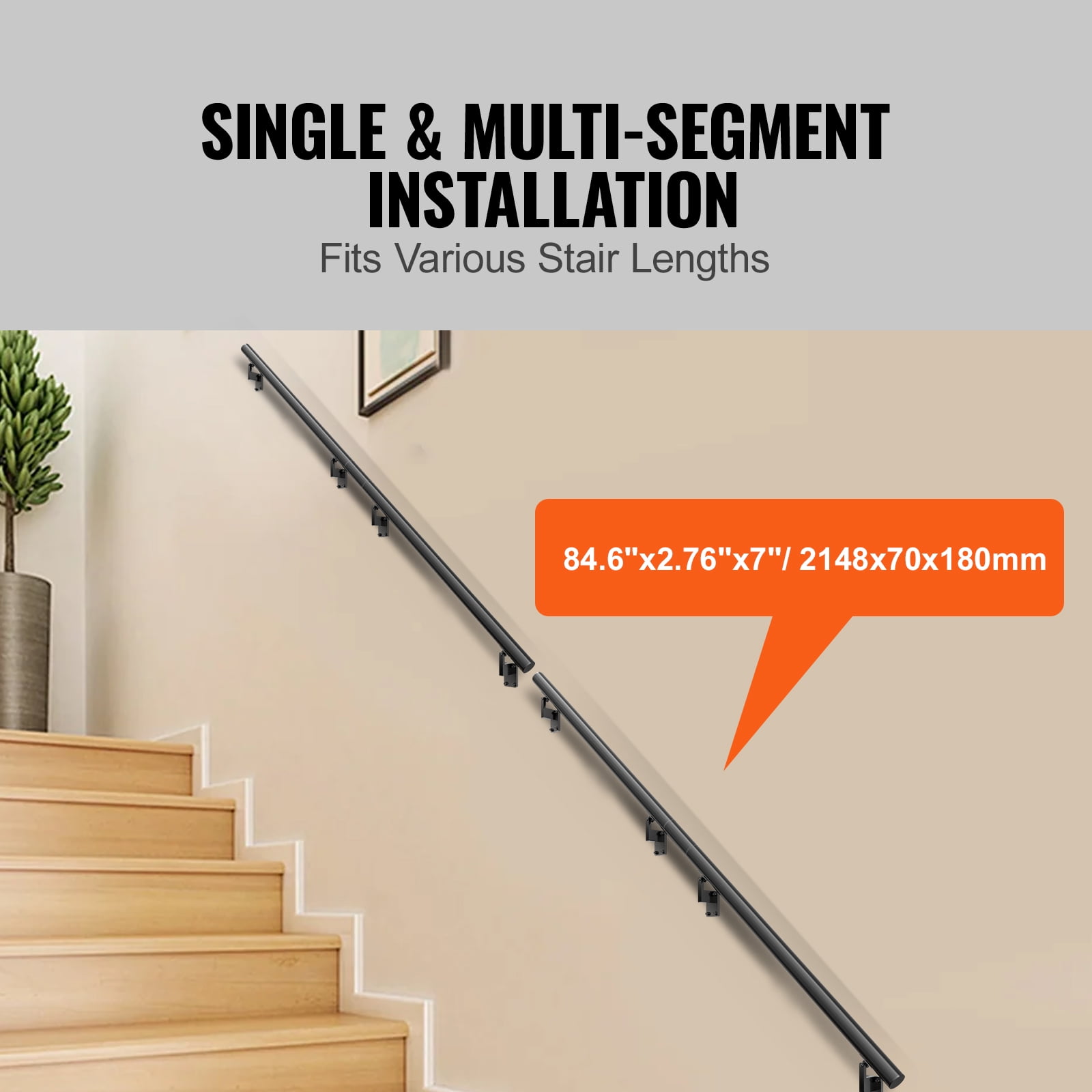 BENTISM 7 ft Wall-Mount Handrail Stair Railing Aluminum Alloy w/ Installation Kit