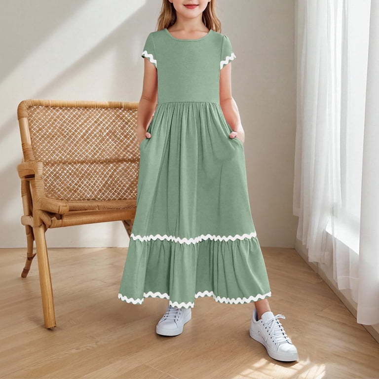 BRGZLK Girls Summer Maxi Dresses Cute Solid Color Short Sleeve Round Neck Casual Flowy Tiered Sundress with Pockets Green 11-12 Years - Walmart.com BRGZLK Girls Summer Maxi Dresses Cute Solid Color Short Sleeve Round Neck Casual Flowy Tiered Sundress with Pockets Green 11-12 Years - Walmart.com