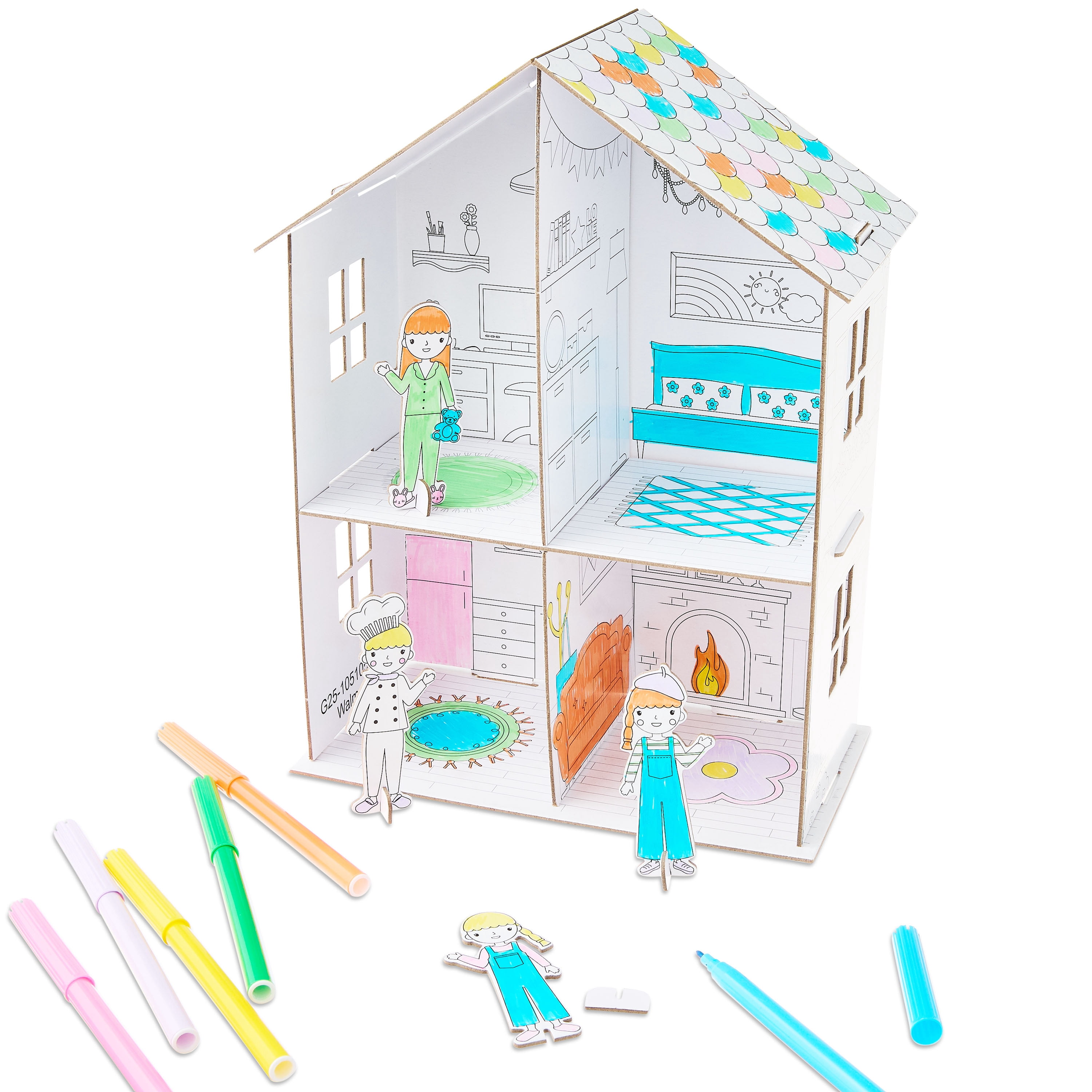 Pen+Gear Color Your Own Cardboard Dollhouse Kit, 15 Pieces