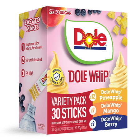 Dole Whip Powder Drink Mix Variety Pack, Pineapple, Mango, & Berry, Zero Sugar, 30 Sticks