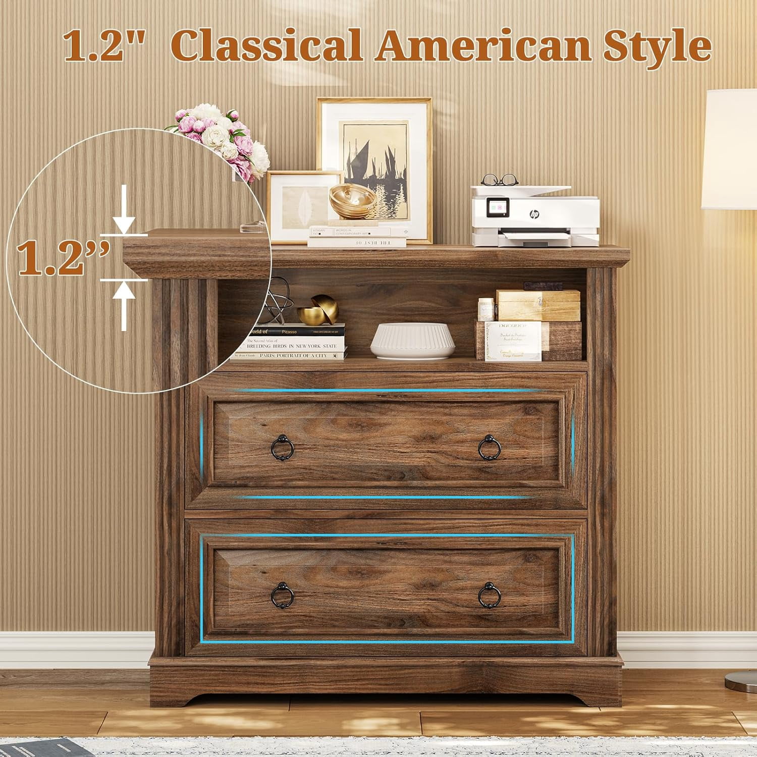 2 Drawer File Cabinet, Farmhouse Filing Cabinet for Home Office Fits Letter, Legal, A4 Size, Wood Lateral File Cabinet with Printer Stand, Storage Shelf, Brown