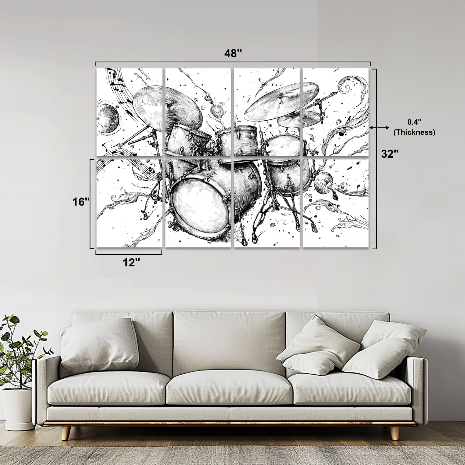 8 Pack Art Acoustic Panels Sound Absorbing Whimsical Drum Set Sketch Flowing Musical Notes Decorative Soundproof Wall Panels Self Adhesive for Nursery Game Room Bedroom 48"x32"