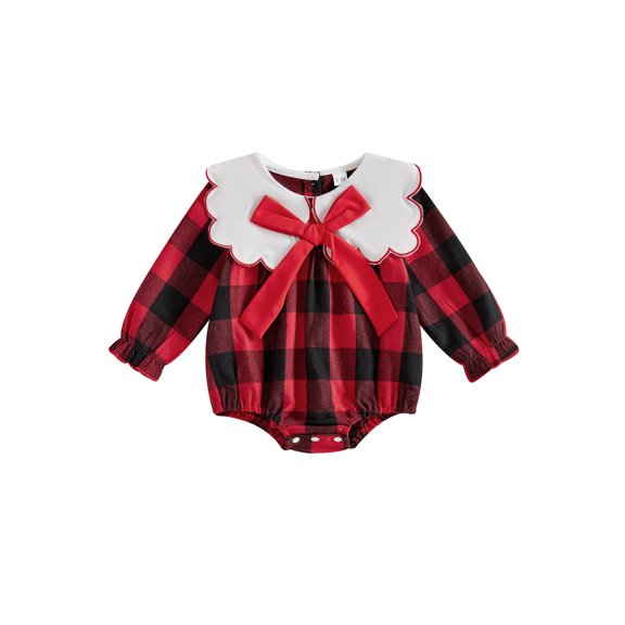 RUINIXCW Baby Girl Christmas Romper Plaid Bow Snap Crew Neck Long Sleeve Jumpsuit