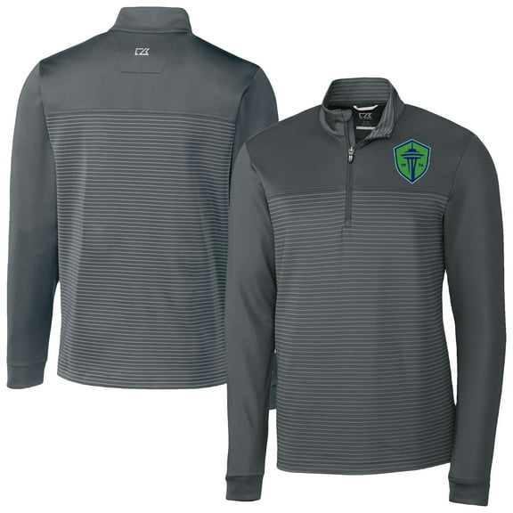 Men's-Cutter & Buck Gray Seattle Sounders FC Traverse Stretch Eco Stripe Tri-Blend Quarter-Zip Top