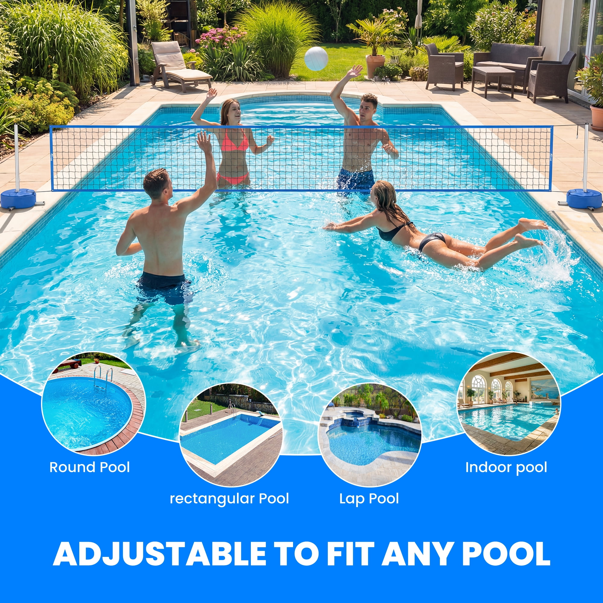 PATIASSY Pool Volleyball Net Set for Swimming Pool, Adjustable 15–30FT with Stable Weighted Base, Easy Setup Outdoor Pool Game for Family & Party Fun