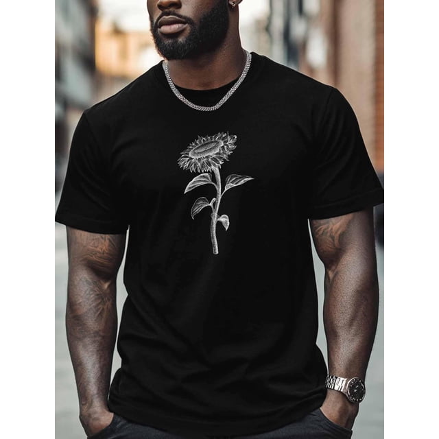 Camisetas para hombre, camisetas de manga corta con estampado de girasoles en gris, cuello redondo