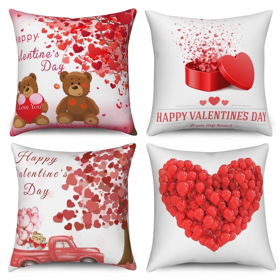 Valentine's Day Throw Pillow Covers 18x18 Set of 4,Red Love Heart Decorative Pillow Cases for Bedroom Sofa Couch