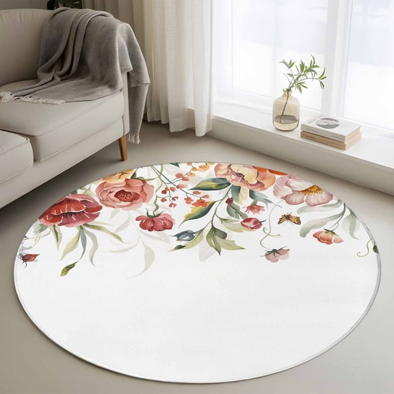 Pink Floral Round Area Rug 4 FT, Non Slip Indoor Outdoor Rug, Spring Pastoral Botanical Wildflowers Leaves Washable Soft Circular Carpet Non-Shedding Floor Mat for Coffee Table Nursery Foyer Balcony
