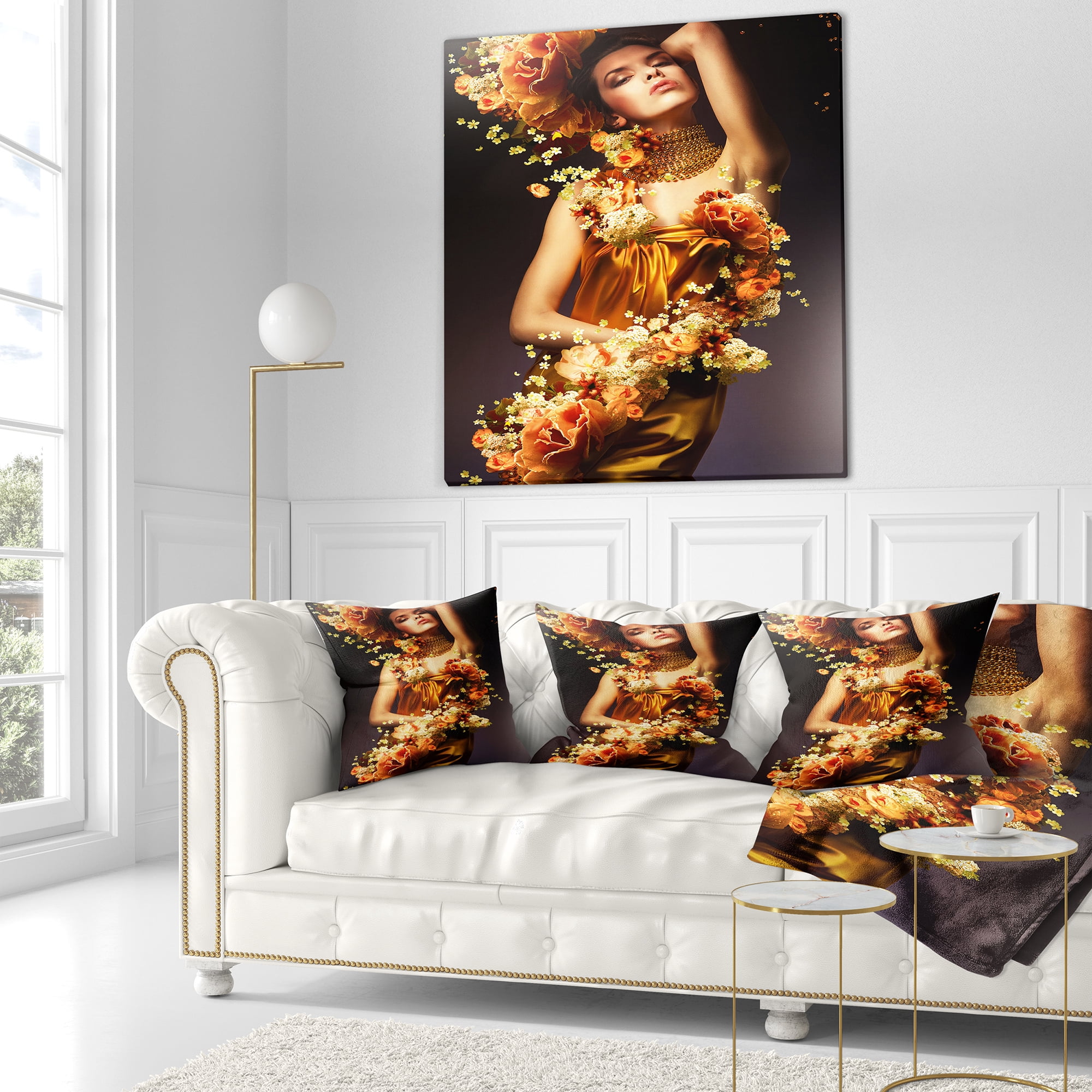 Designart Sensual Woman in Flower Robes - Abstract Portrait Throw Pillow - 18x18