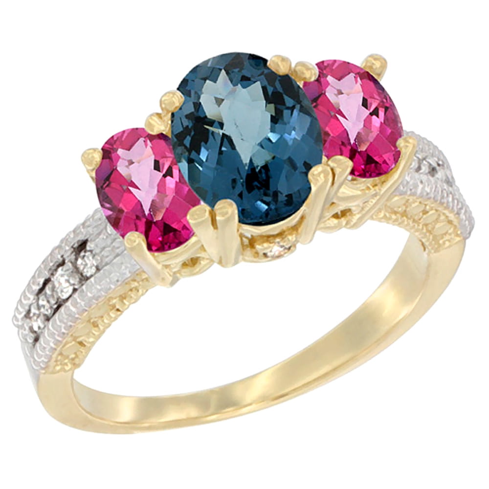 10K Yellow Gold Diamond Natural London Blue Topaz Ring Oval 3-stone with Pink Topaz, sizes 5 10 by WorldJewels