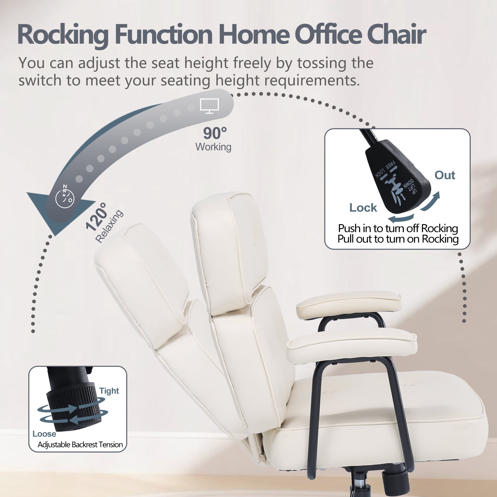 ENYLAY PU Leather Executive Office Chair, Extra Wide Ergonomic Computer Chair with Lumbar Support, Swivel Rocking, Adjustable Height & Thickened Cushions, Mid Back (White)
