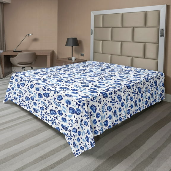 Ambesonne Flower Flat Sheet, Folk Art Design Ethnic Bloom, California King, White Pale Azure Blue