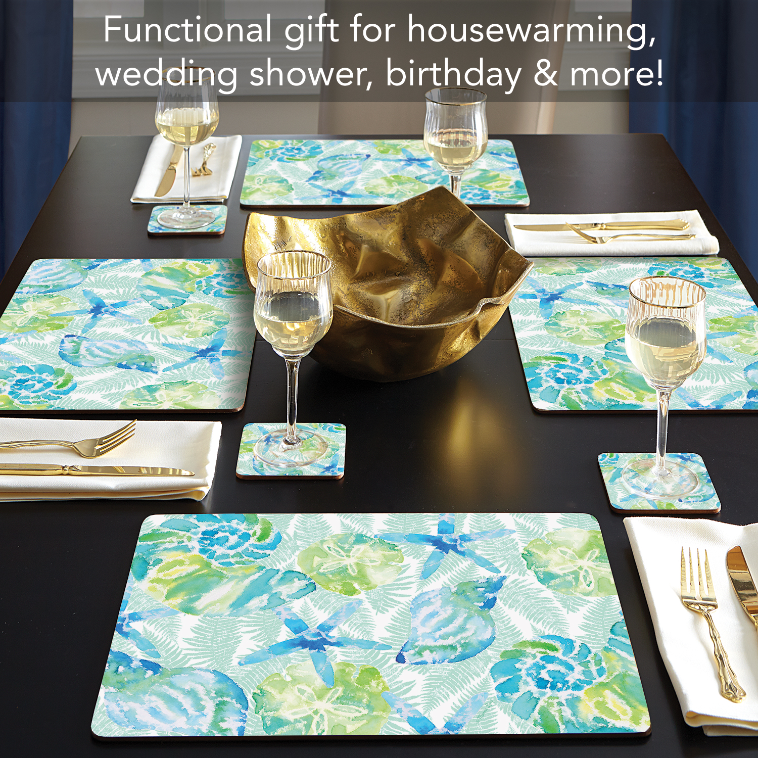 Cala Home "Coast Isla Mona" 30" x 20" Decorative Hardboard Cork Back Tabletop Placemats 4 Pack