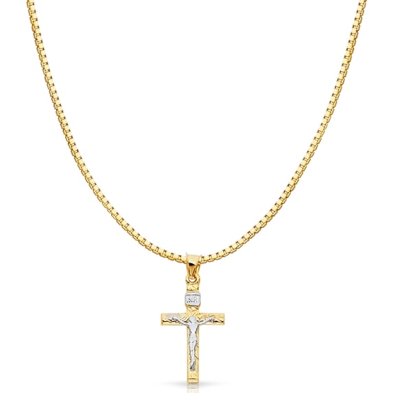14K Two Tone Gold Crucifix Cross Religious Charm Pendant with 1mm Box Chain Necklace - 20"