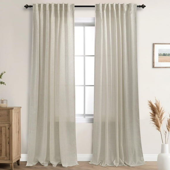 AIR-Beige Back Tab Linen Textured Curtains 120 Inch Length for Living Room Bedroom Large Window, 10ft Tall Extra Long Farmhouse Tan Semi Sheer Window Drapes for Patio High Ceiling Balcony, Set 2 Pane