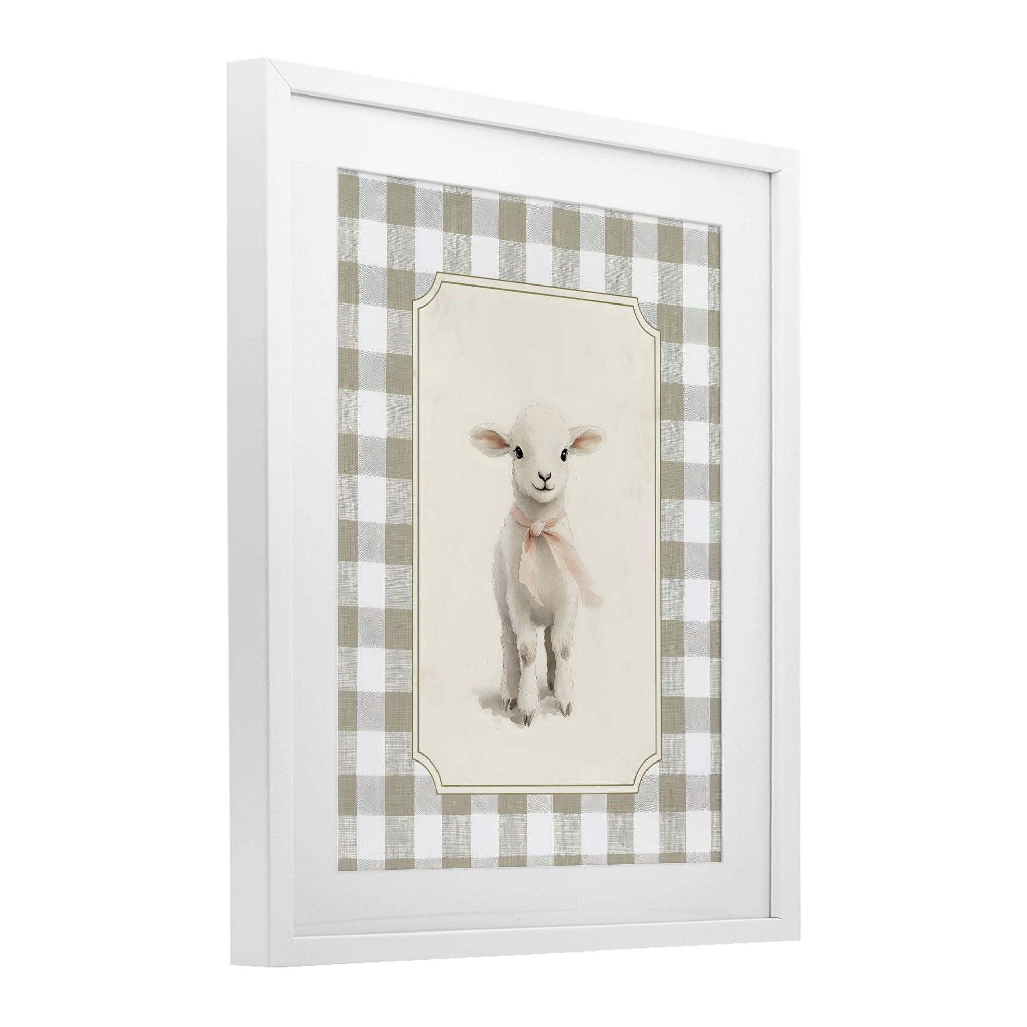 Stupell Industries Gingham Lamb with Pink Ribbon White Framed Print Under Glass, design by Arlington Prints