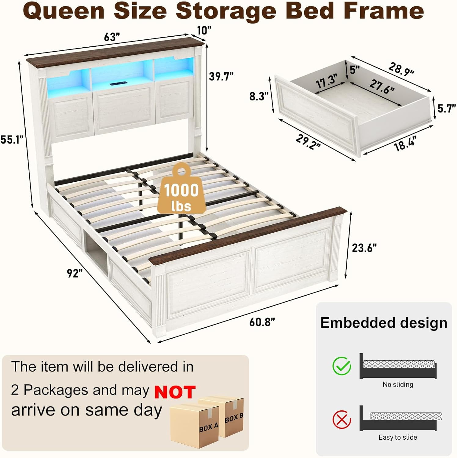 Blotout Farmhouse Queen Size Bed Frame with 55" Tall Storage Bookcase Headboard & 4 Drawers, Wood Platform Bed Frame with 24" Roman Colum Footboard, LED Light, Charging Station, No Box Spring Needed