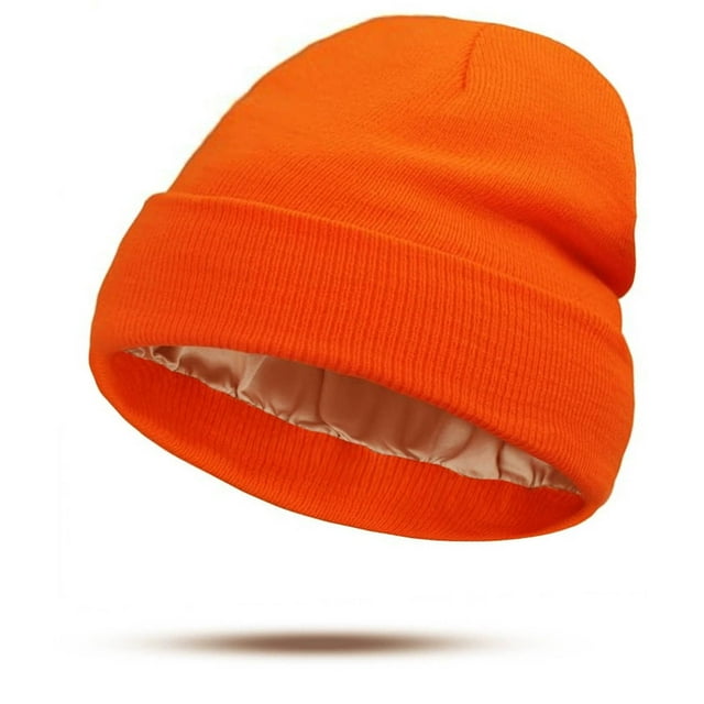 Sombrero Gorro de acrílico tejido con forro de satén para mujer, protector del cabello, cálido, elástico, unisex, para invierno, 1 unidad, color naranja Rkxzt