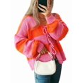 thumbnail image 3 of Women'S Loose Casual V-Neck Long-Sleeved Sweater Jacket Striped Contrast Lace-Up Knitted Cardigan Orange M, 3 of 9