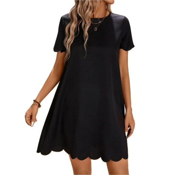 Women's Scalloped Hem Round Neck Short Sleeve Dress 100% Polyester Lightweight Breathable Everyday Wear Office