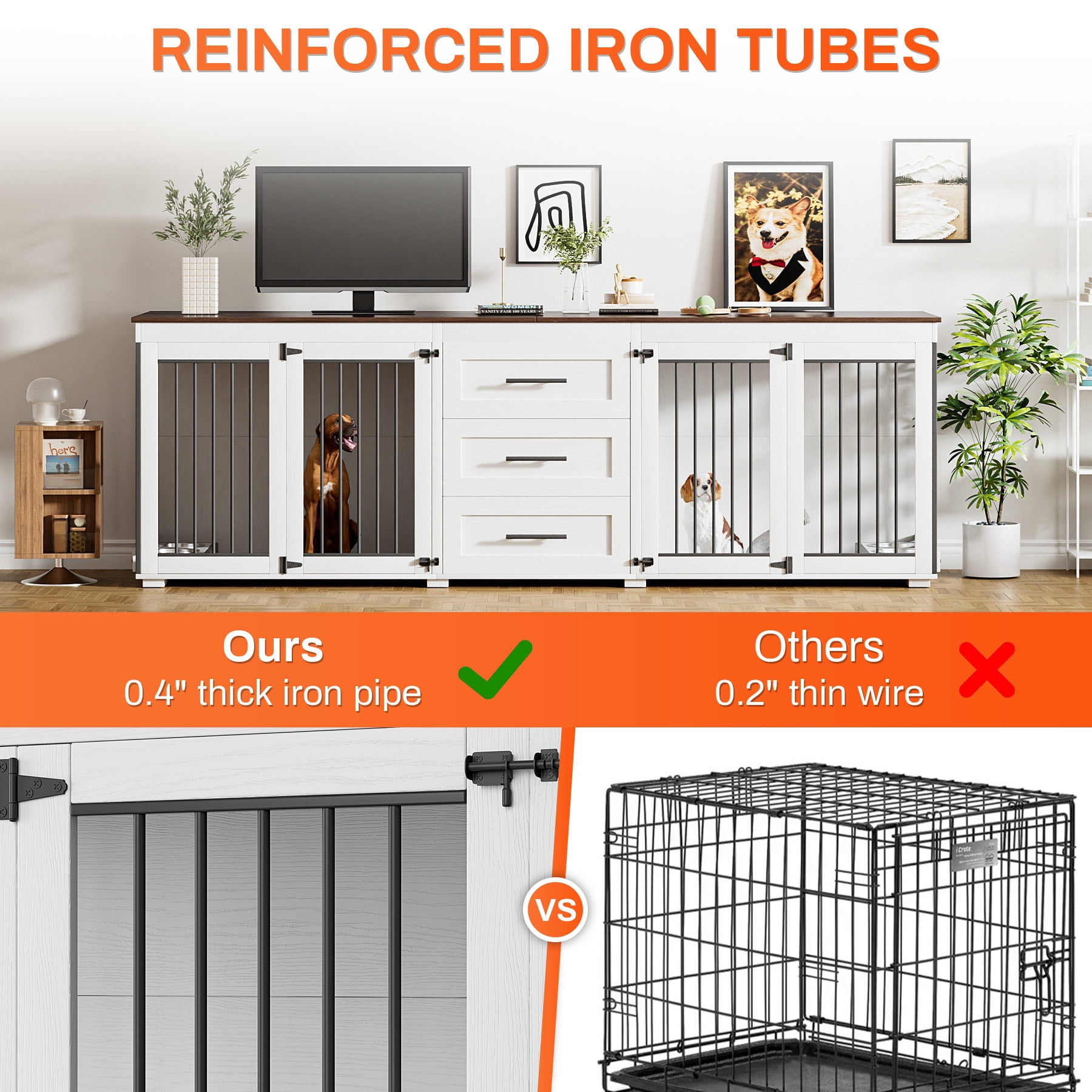 Wiilayok 94.5" Dog Crate Furniture for 2 Large Medium Dogs, Wooden Dog Kennel TV Stand with 3 Storage Drawers, 4 Bowls & Locks, White Indoor Dog House