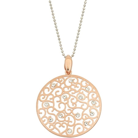 Giuliano Mameli Crystal Accent 14kt Rose Gold-Plated Sterling Silver Matte-Finished Heart Filigree Round Pendant with Chain
