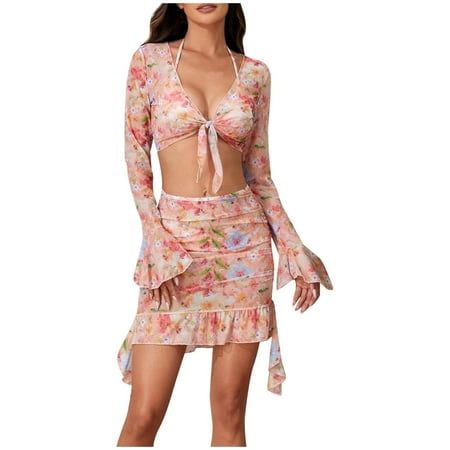QYZEU Women Swimsuits with Sleeves Fashion Comfortable Print Bikini Suit Long Sleeve Cover Up with Skirt Four Piece Swimsuit Breathable Lightweight Swimwear Pink S