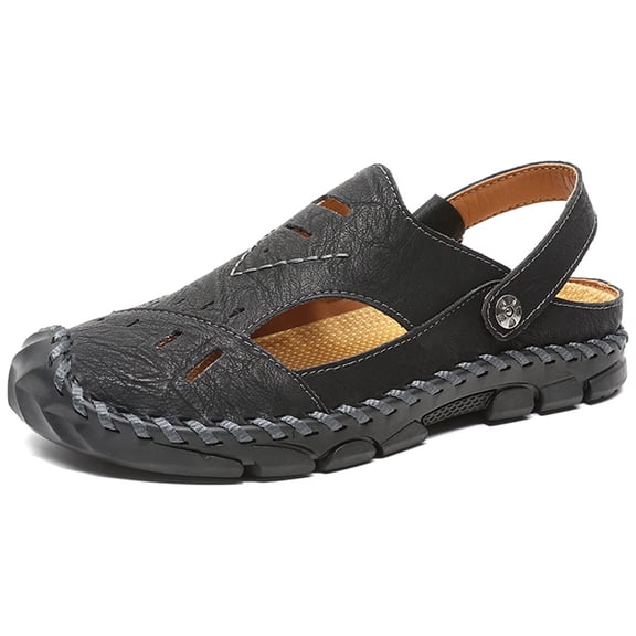 Yiomxhi Men's Leather Closed Toe Sandals, Adjustable Slingback Casual Outdoor Walking Shoes, Breathable Summer Fisherman Sandals with Handmade Woven Stitching & Non-Slip Rubber Sole