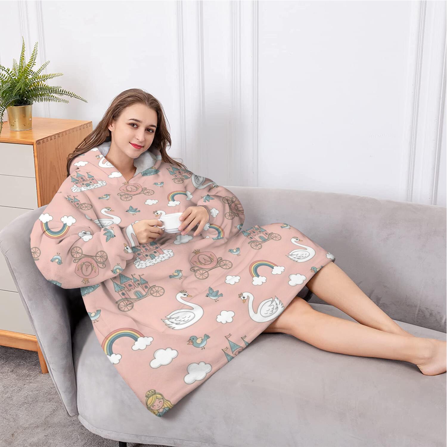 Oversized Wearable Blanket Hoodie,Swan Princess Castle Pattern Sherpa Blanket Hoodie with Super Pockets,Super Warm Fuzzy Pullover for Women & Men