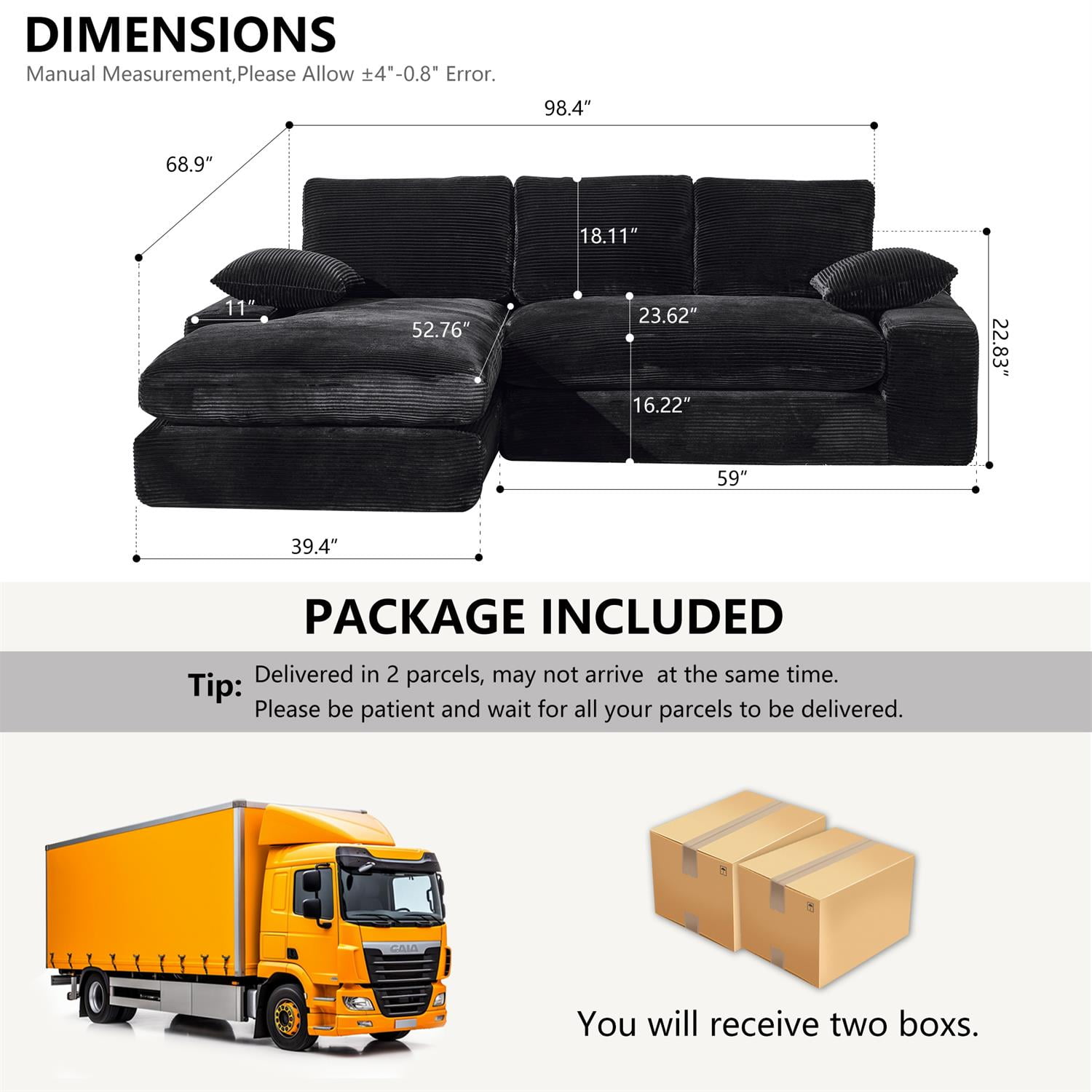 Demi Bonn 99"x69" L-Shape Modular Sectional Sofa Set, Modern Minimalist Upholstered Sleeper Couch for Bedroom & Living Room, No Installation, Black