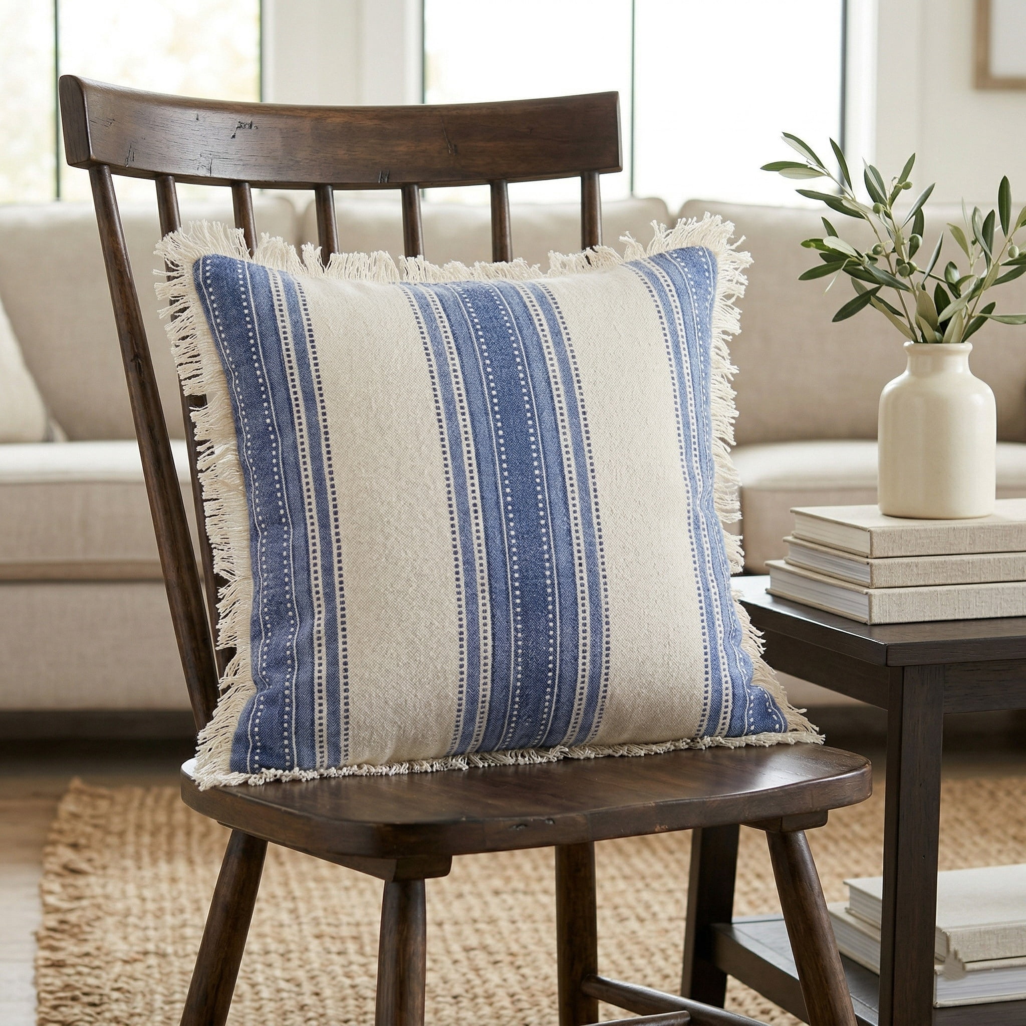 Ox Bay Surey Navy/Ivory Striped Cotton Adult Decorative Throw Pillow
