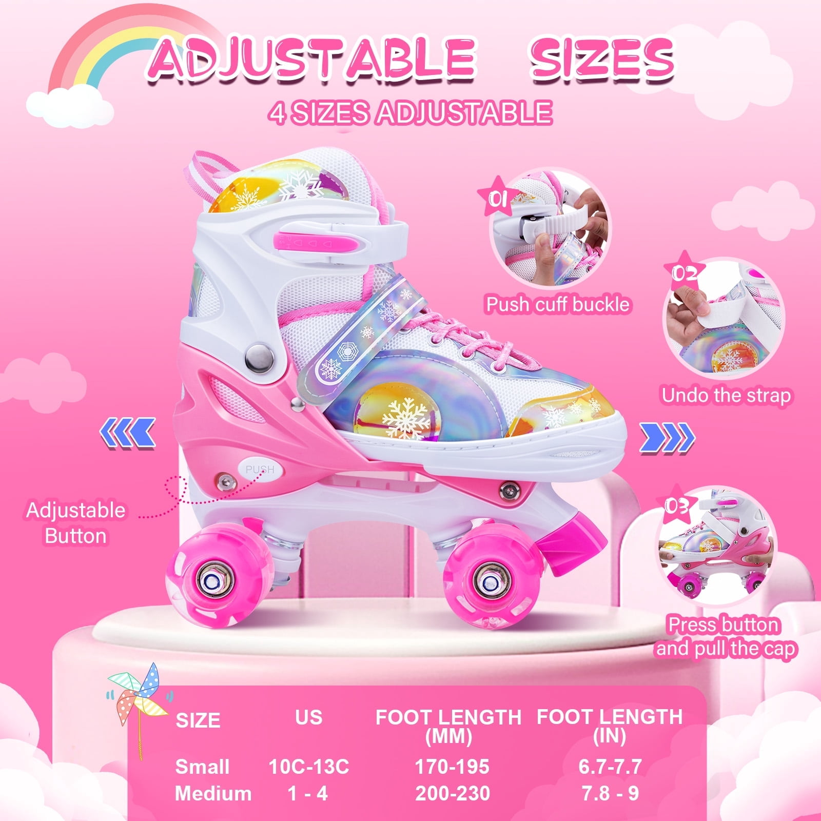 BVIVOK Adjustable Kids Roller Skates for Girls with Light up Wheels, Pink, Size 1-4